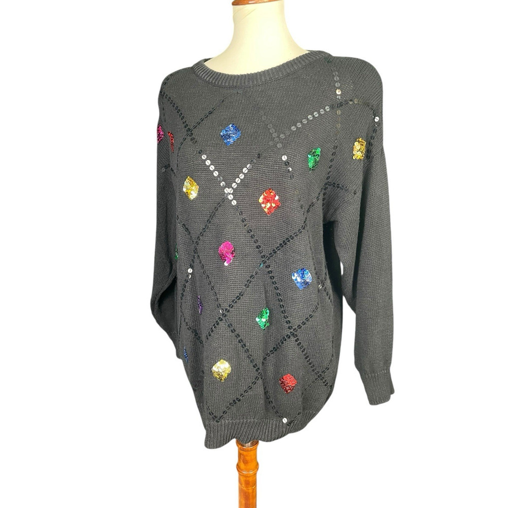 Vintage Leslie Fay Knit Sequins Sweater Holiday Sz M Tunic Christmas Sweater